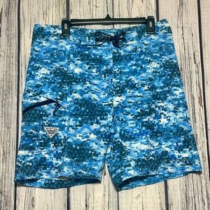 Columbia PFG Mens Blue Digital Camo Scale Board‎ Shorts Fishing Swim Size 34